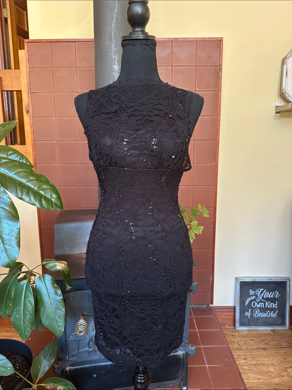 #226-‎ Windsor Black Lace Sequin Mini Dress